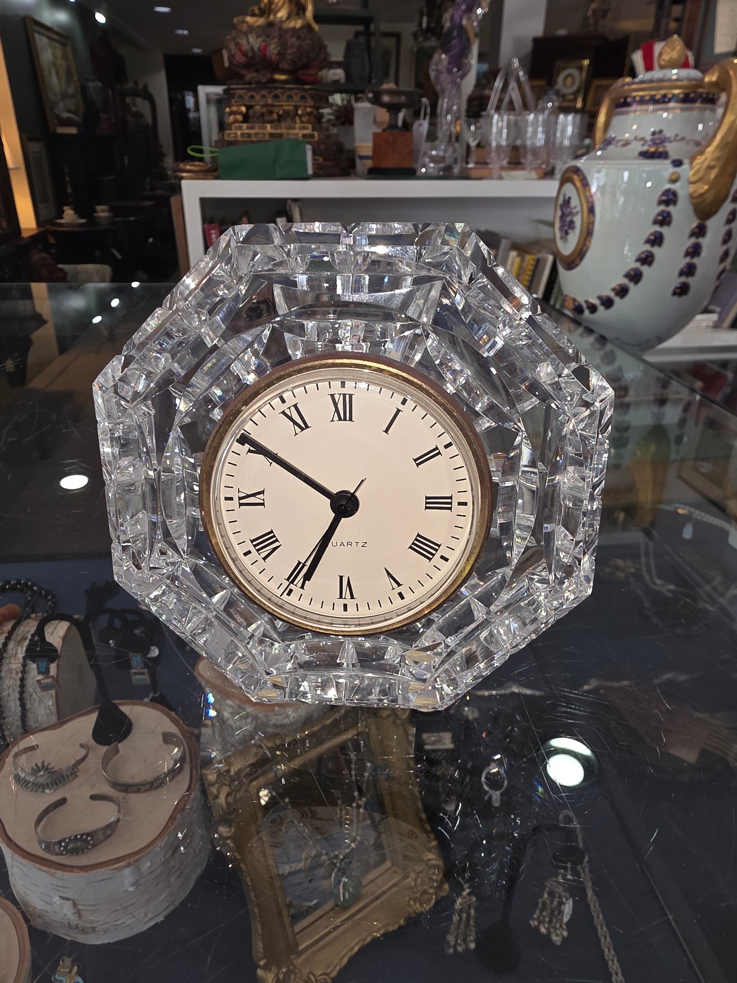 Vintage Waterford Clear Cut Crystal Quartz Roman Numeral Octagonal Tabletop Clock