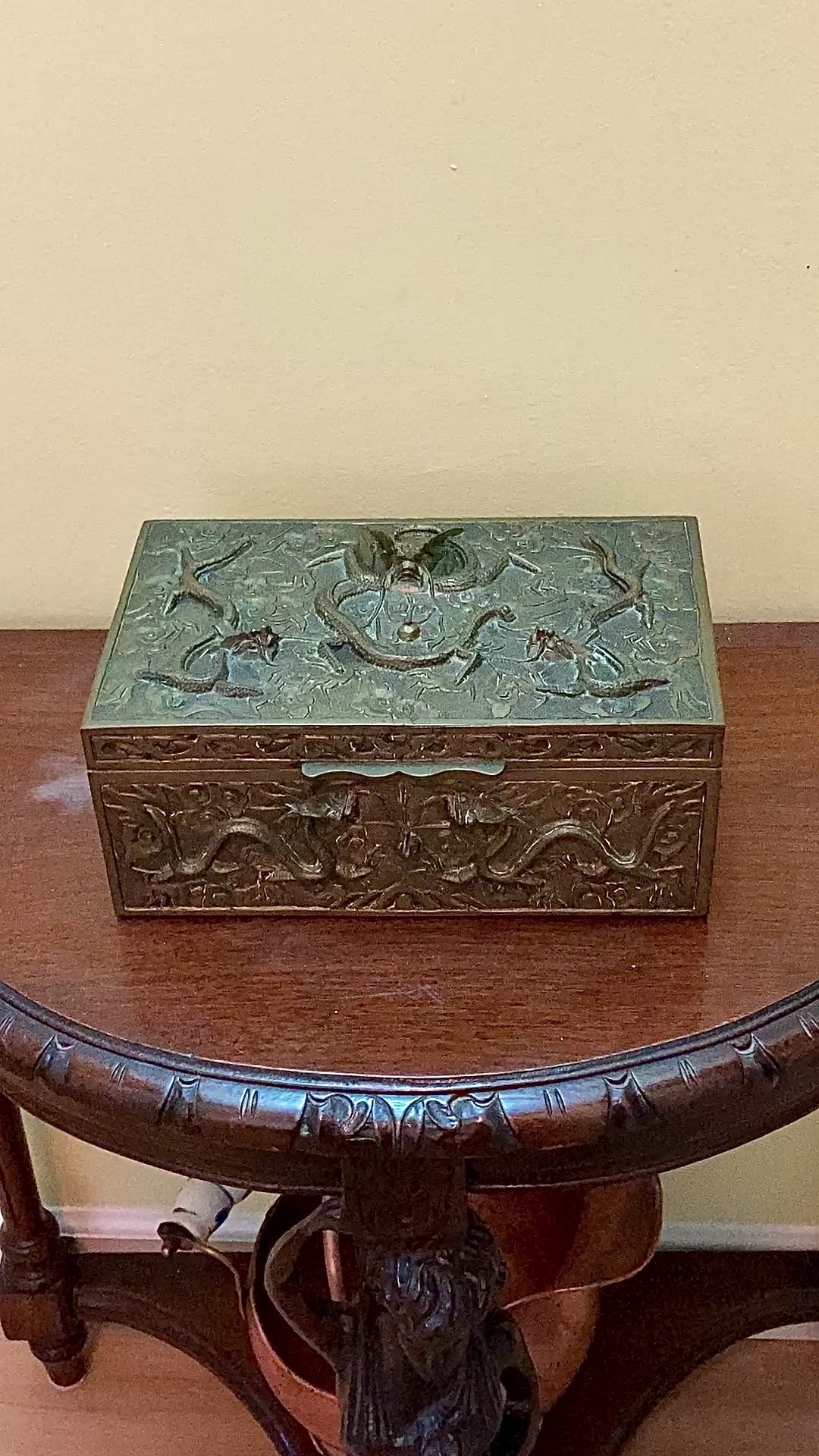Antique Hand Engraved Sculptural Brass Dragon Wood Lined Cigar Box