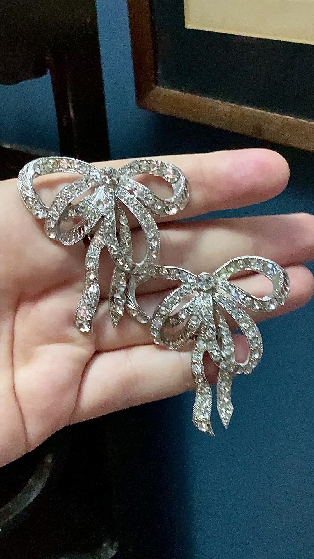 Vintage Rhodium Plated Rhinestone Double Loop Bow Statement Clip On Earrings