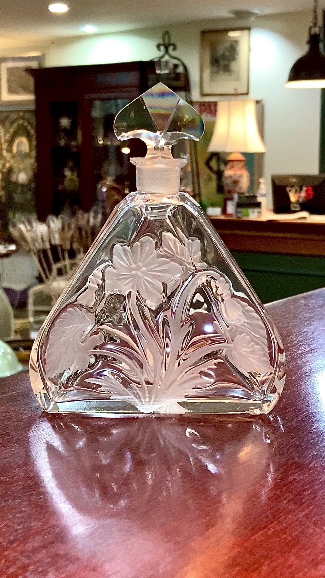 Antique 1920s Czech Clear Glass Floral Triangular Lybis Luxor Perfume Bottle