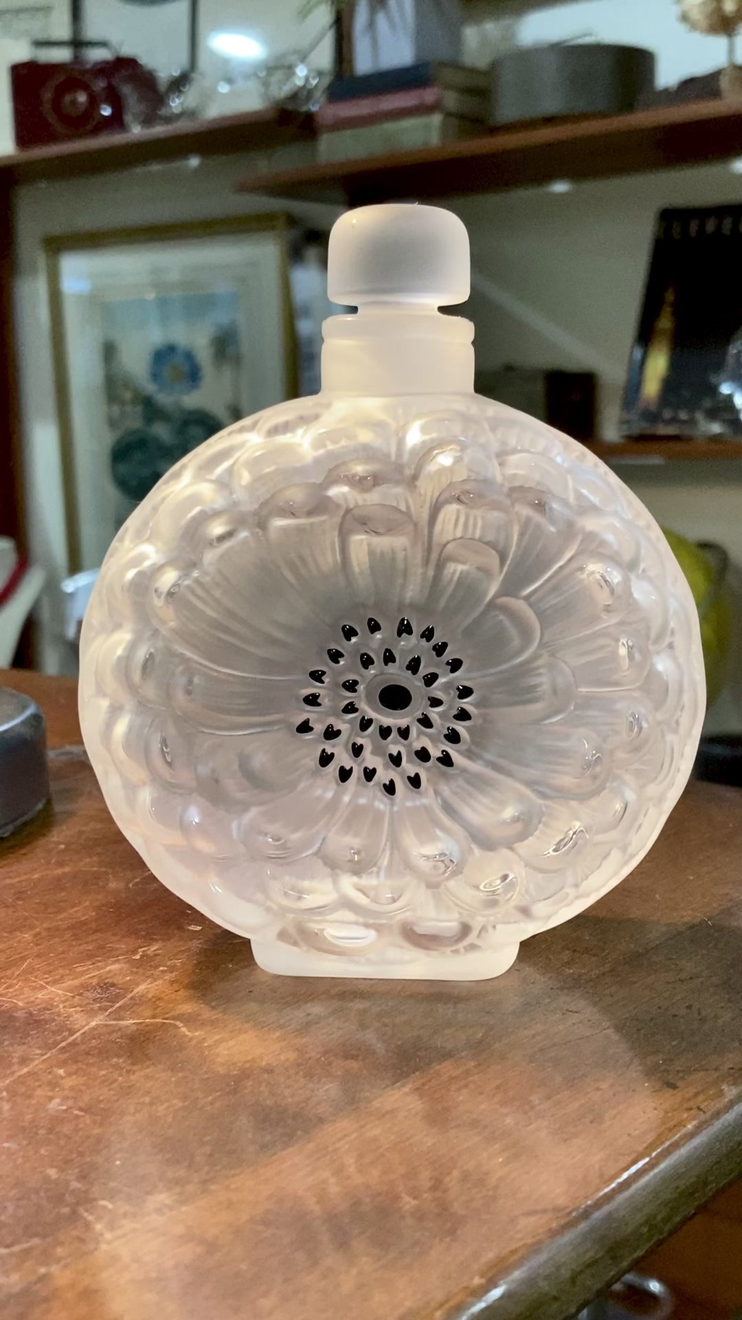 Vintage Large Lalique Dahlia Flower Frosted Crystal Scent Perfume Bottle