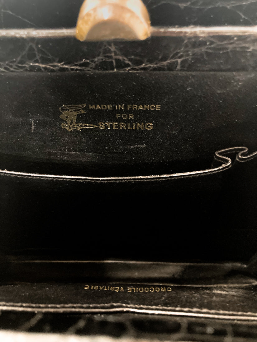 Vintage Black French Crocodile Patent Leather Classic Handbag Purse Logo Markings