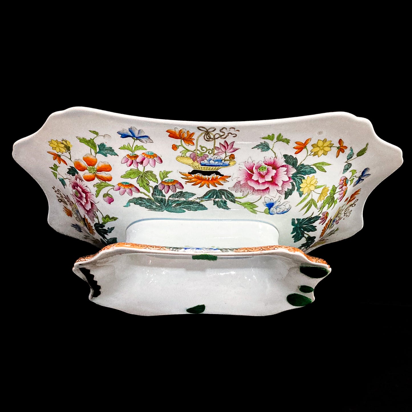 Antique 1850s Wedgwood Enameled Multicolor Floral Footed Compote Dish Side