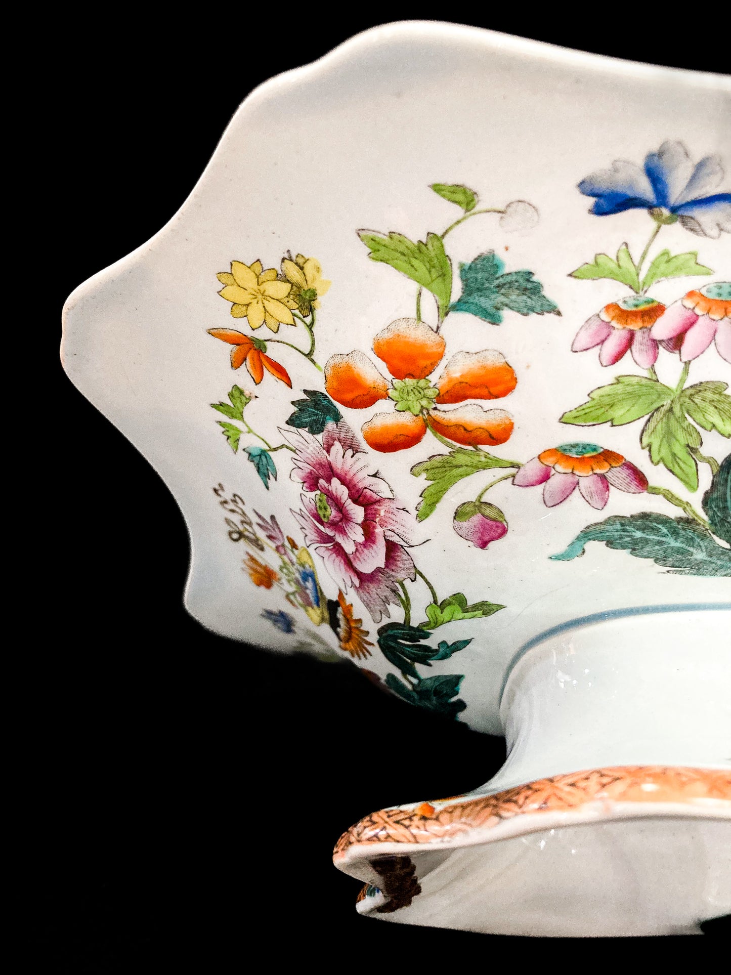 Antique 1850s Wedgwood Enameled Multicolor Floral Footed Compote Dish Side Bottom