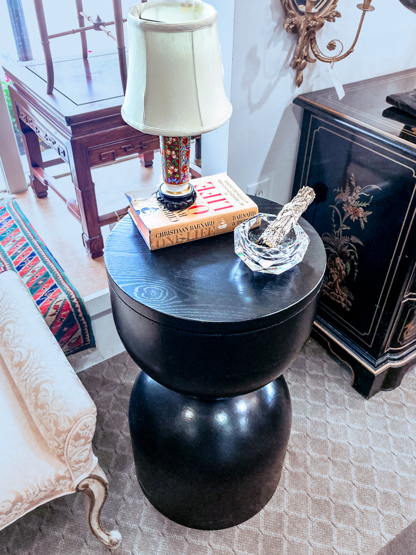 Repurposed Vintage Black Fiberglass Wood Top Hourglass Accent Side Table 2