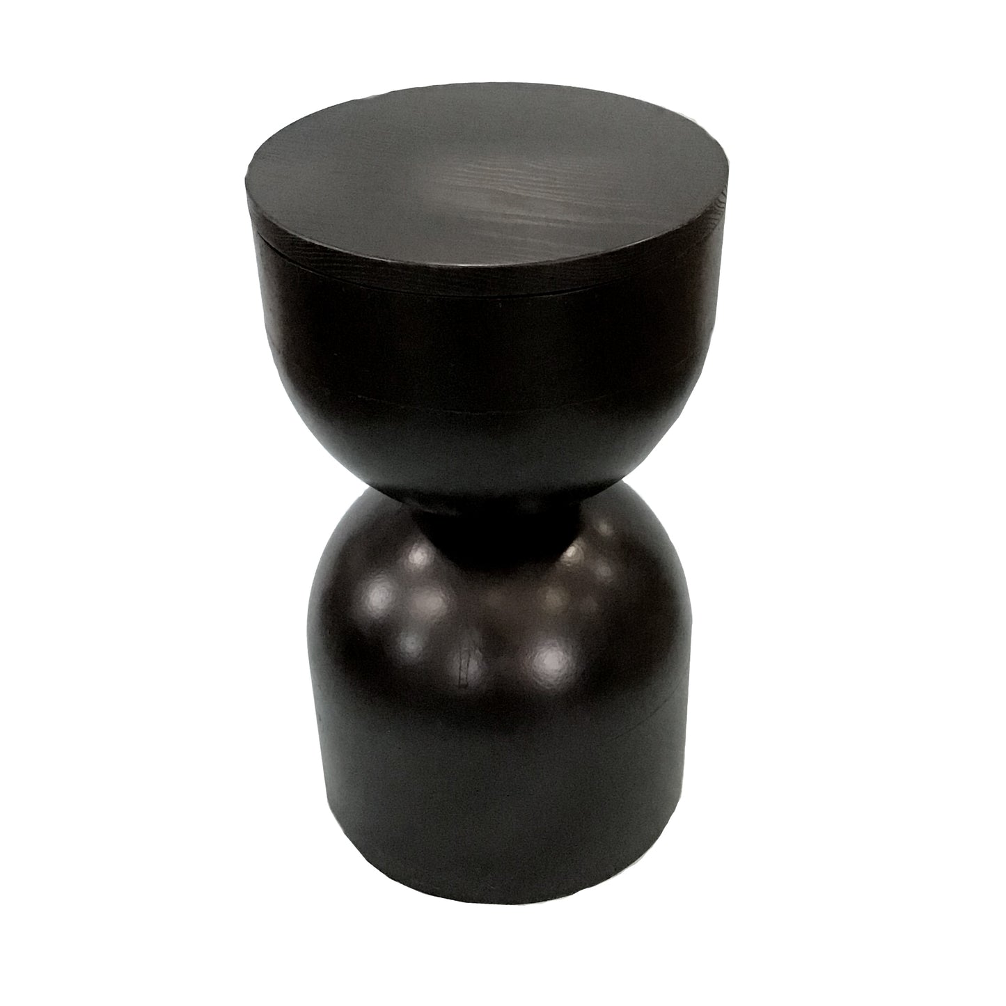 Repurposed Vintage Black Fiberglass Wood Top Hourglass Accent Side Table Front