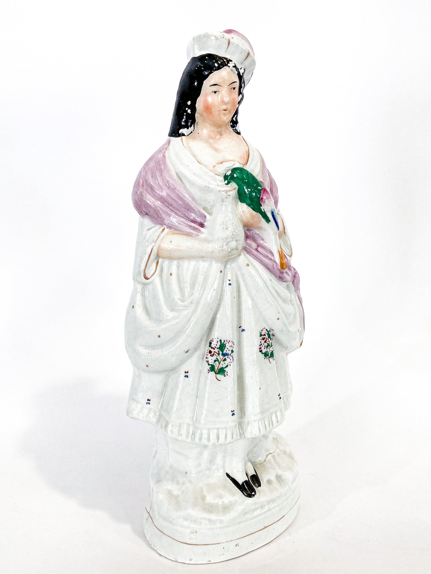 Antique 19th Century Staffordshire Lady Holding Parrot Porcelain Figure Sculpture Side 4