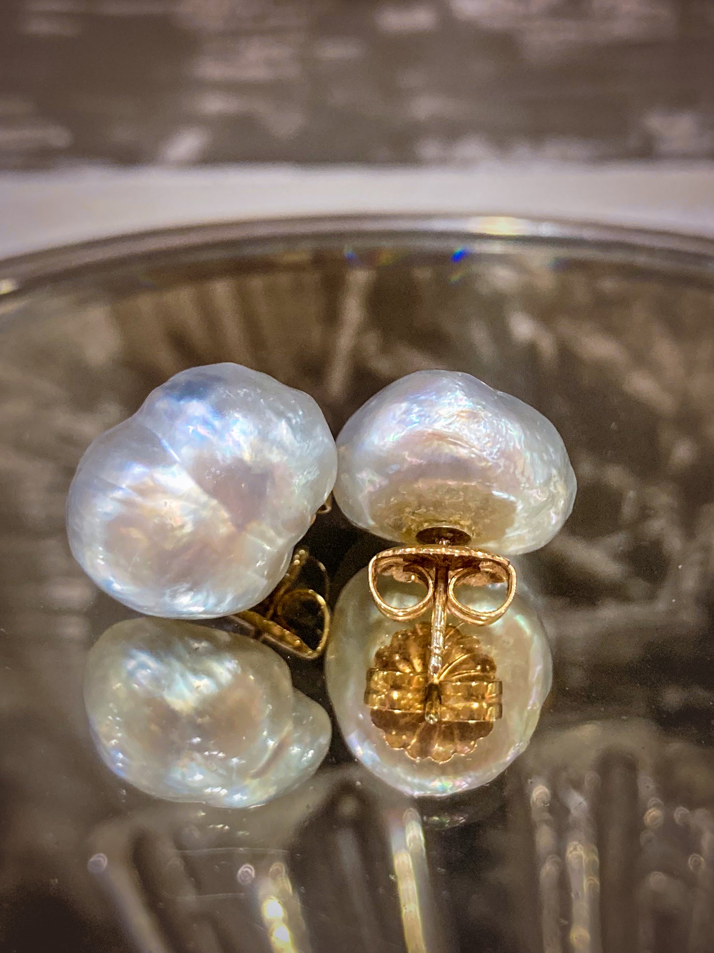 Vintage 14K Yellow Gold Large Silvery Blue Keshi Pearl Post Earrings