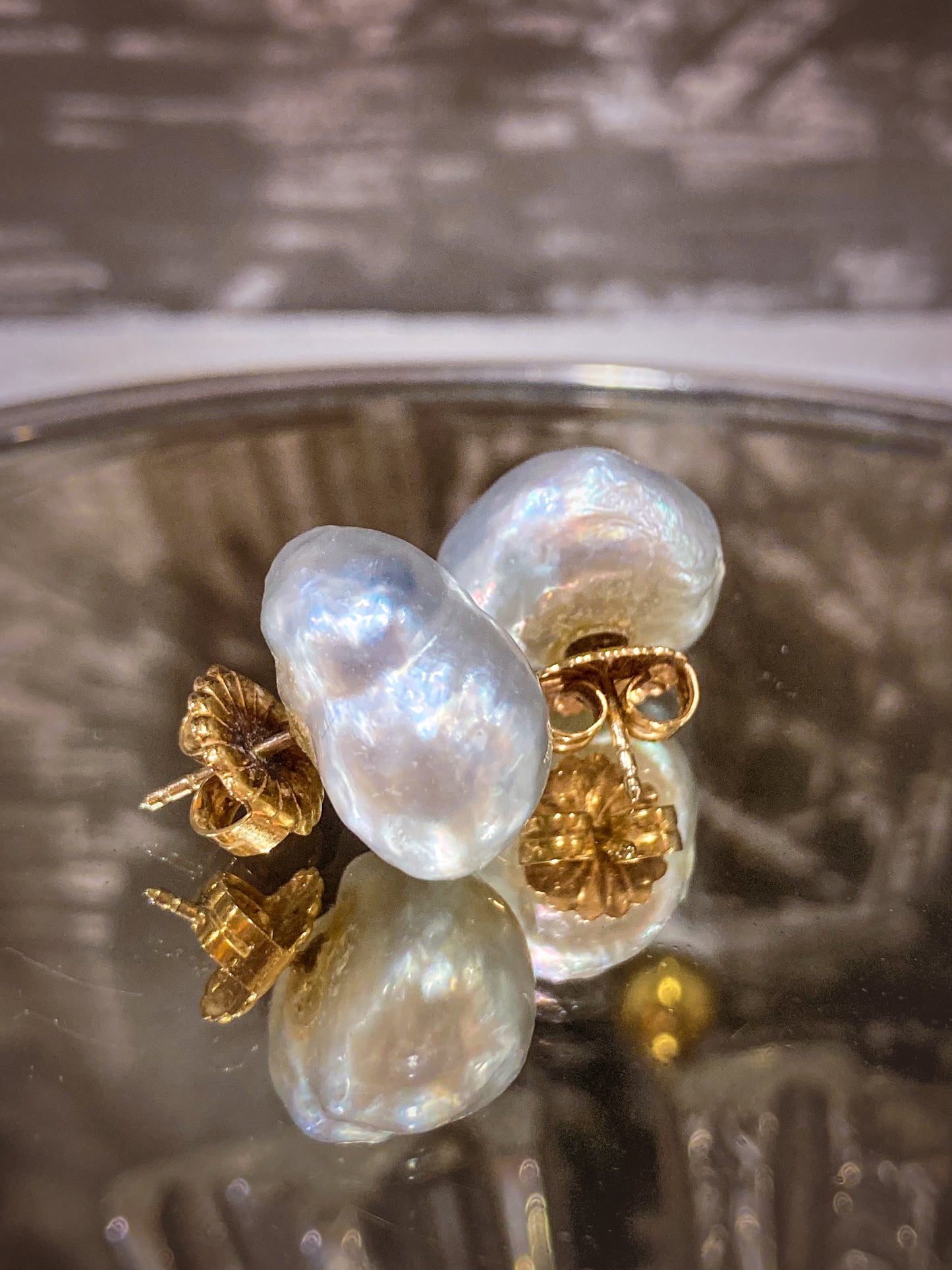 Vintage 14K Yellow Gold Large Silvery Blue Keshi Pearl Post Earrings