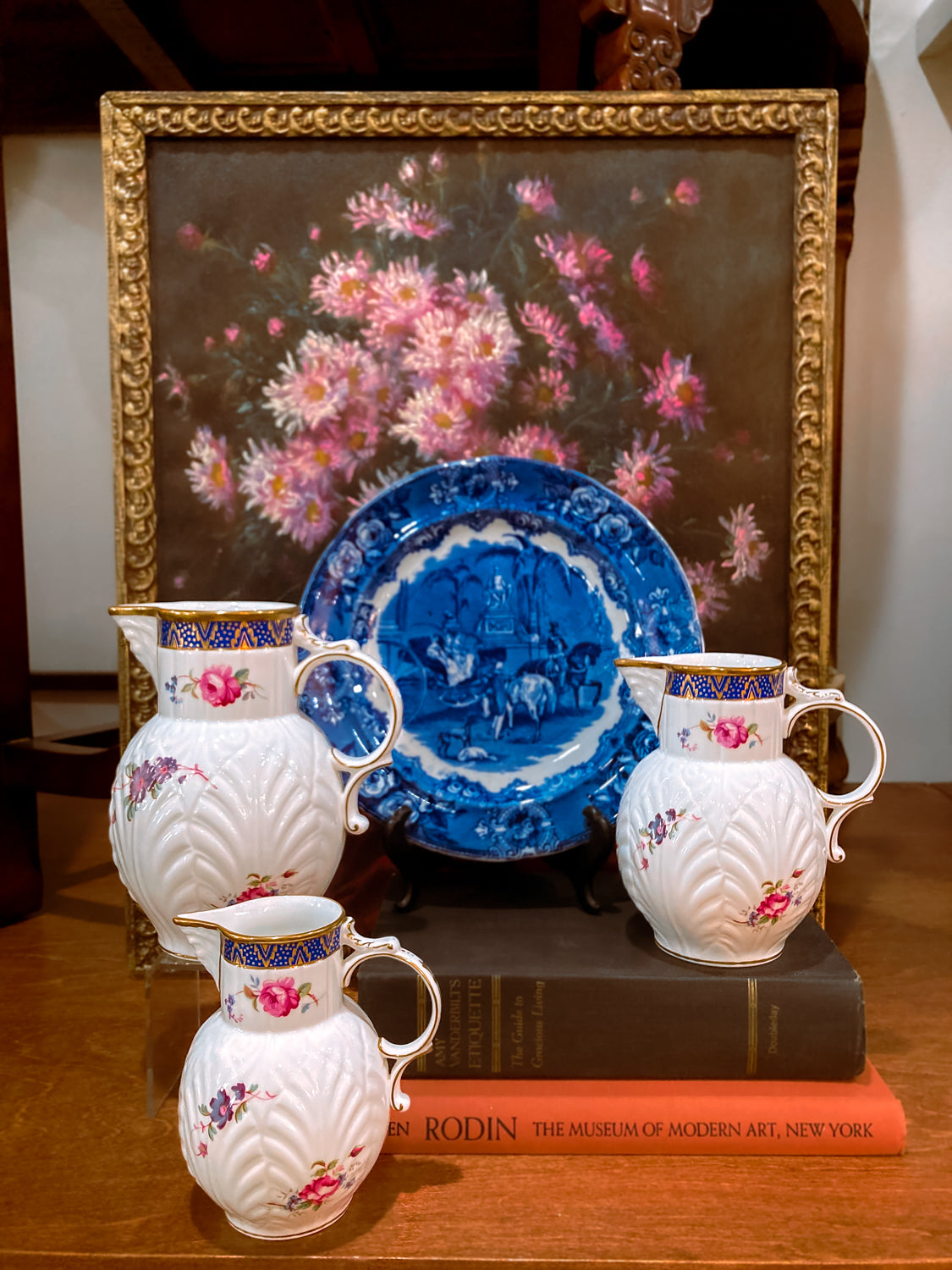 Set of Three Vintage Caughley Floral Rose Painted Mask Head Jugs