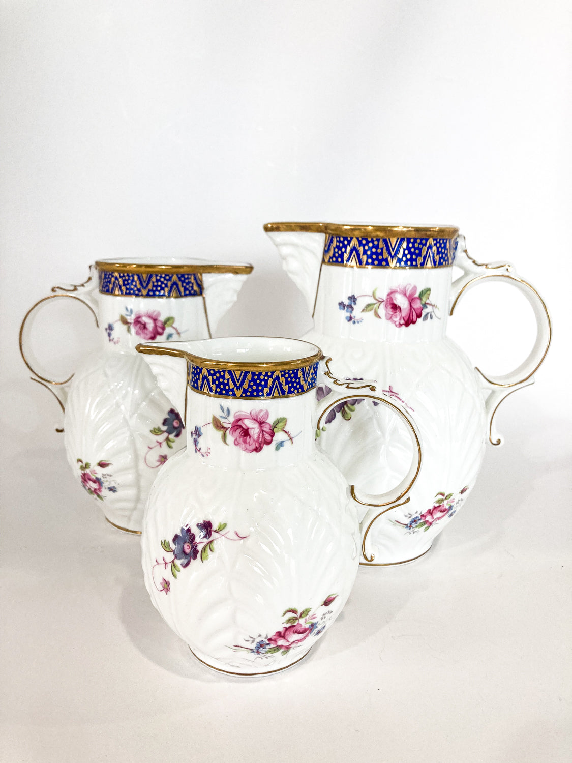 Set of Three Vintage Caughley Floral Rose Painted Mask Head Jugs