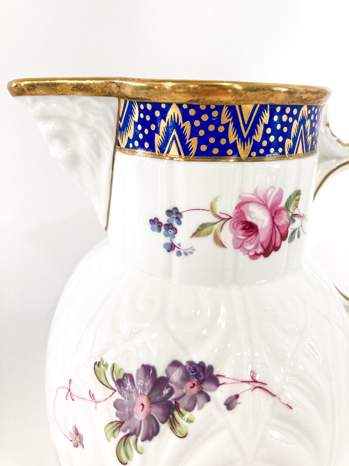 Set of Three Vintage Caughley Floral Rose Painted Mask Head Jugs Front Close Up SM