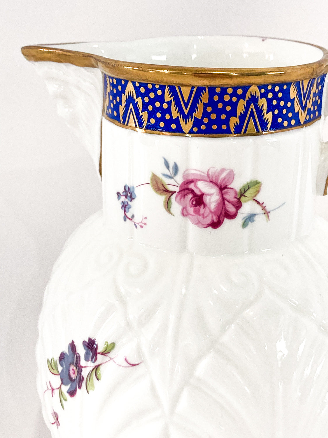 Set of Three Vintage Caughley Floral Painted Mask Head Porcelain Pitcher Jugs
