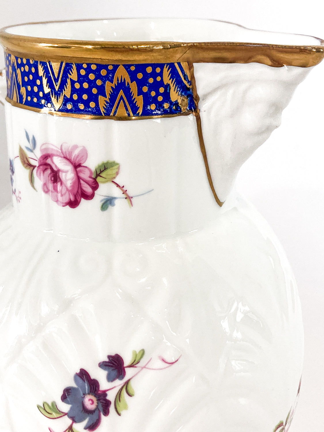 Set of Three Vintage Caughley Floral Painted Mask Head Porcelain Pitcher Jugs