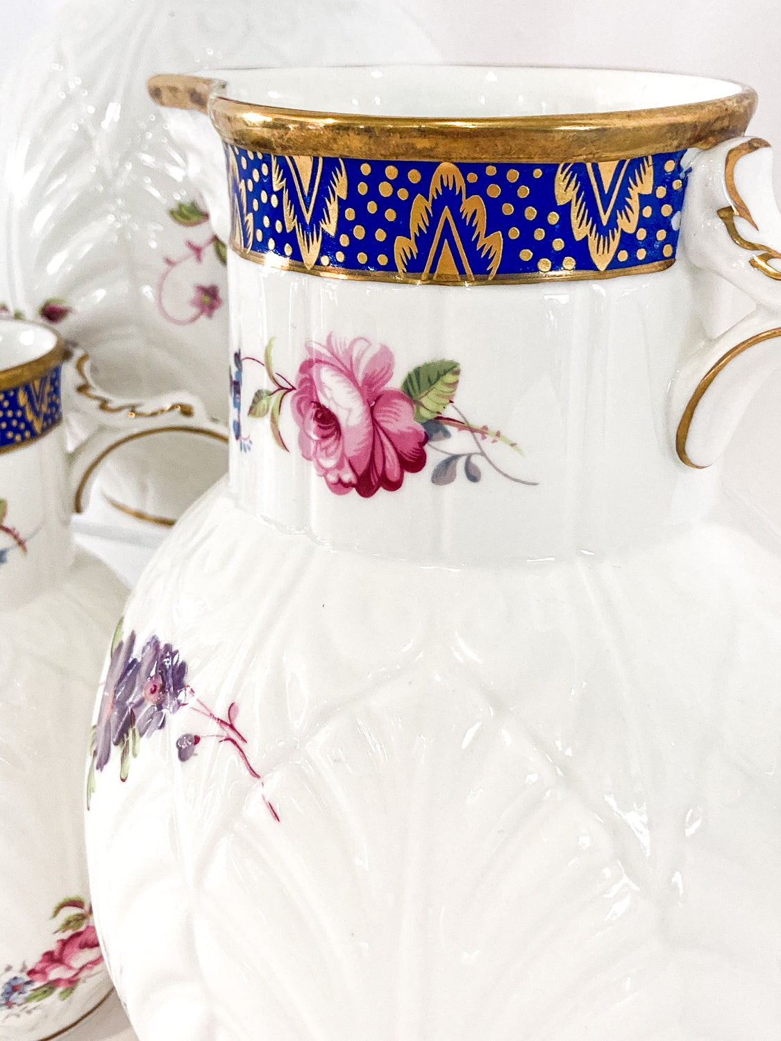 Set of Three Vintage Caughley Floral Painted Mask Head Porcelain Pitcher Jugs
