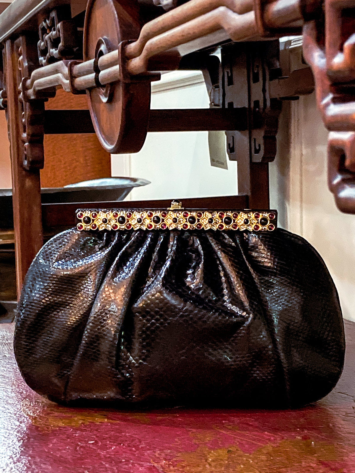 Vintage Judith Leiber Black Snake Skin Leather Black Red Stone Crystal Clasp Crossbody Clutch Purse