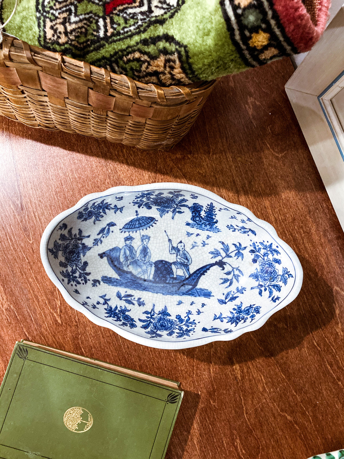 20th Century Blue & White Decorated Footed Oval Chinese Ceramic Bowl