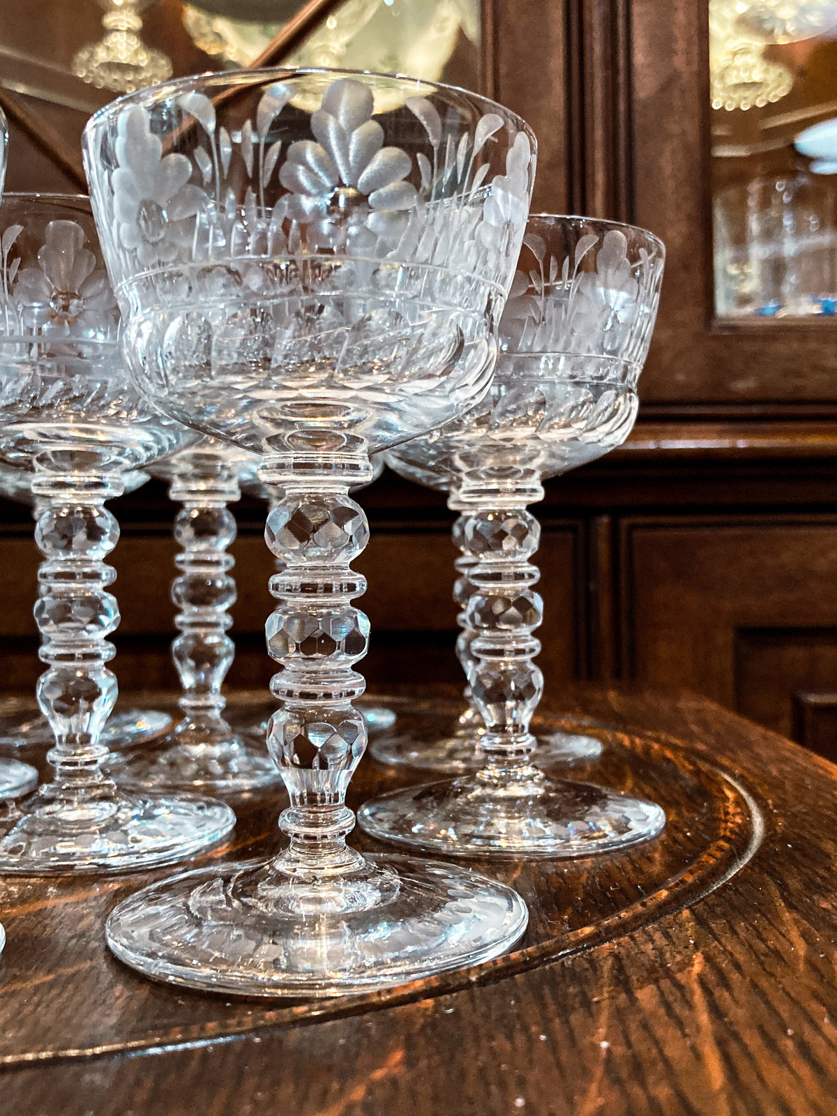 12 Dazzling Vintage Hand Engraved Clear Glass Stemmed Wine Cocktail Glasses