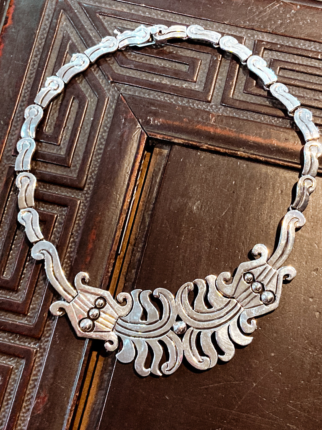 Vintage 1940's Mexico Sterling Silver Incised Hector Aguilar Statement Necklace