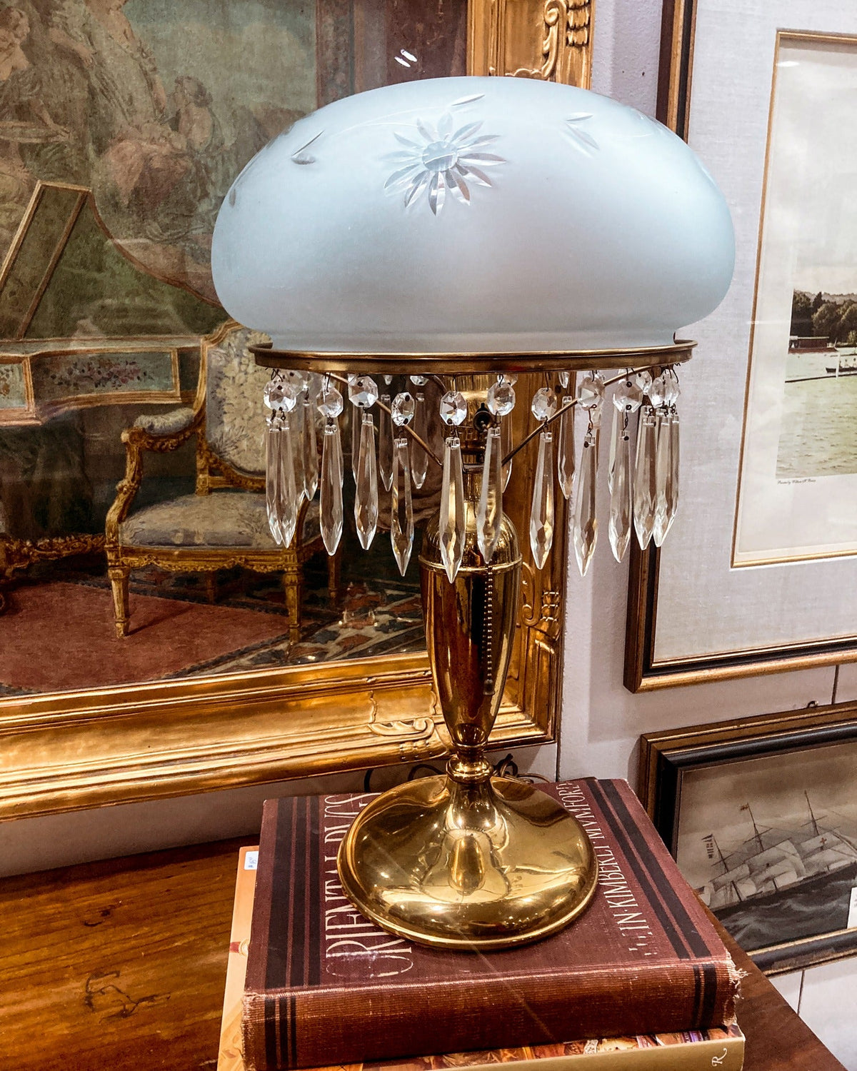 Antique Carved Frosted Glass Mushroom Shade Crystal Fringe Brass Table Lamp