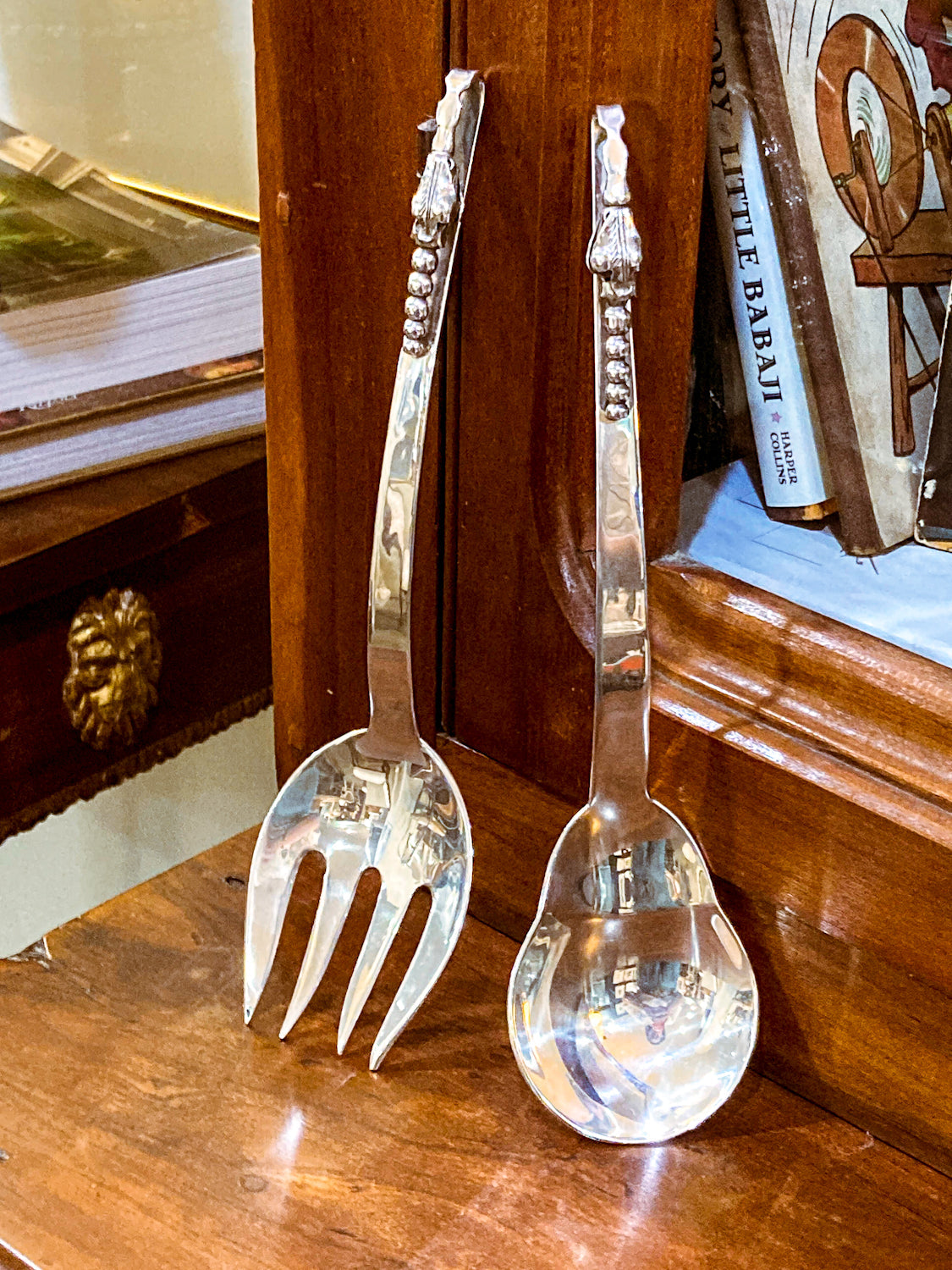 Pair Vintage MCM F. Ramirez Sterling Silver Blossom Handle Salad Fork Spoon Set