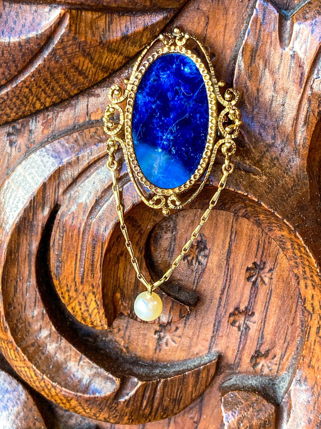 Vintage 14K Yellow Gold Filigree Oval Lapis Lazuli Pearl Dangle Brooch Pin