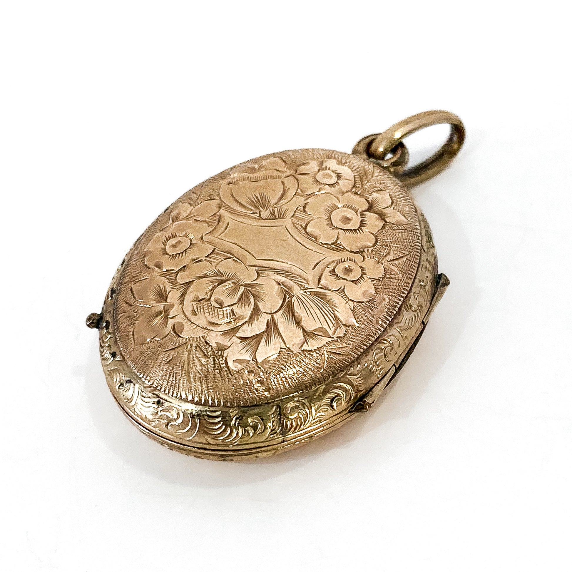 Antique Gold Filled Oval Floral Engraved Mourning Hair Locket Pendant 4