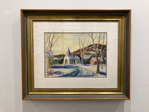 Vintage 1950s Winter Old Church Landscape Watercolor Framed Painting