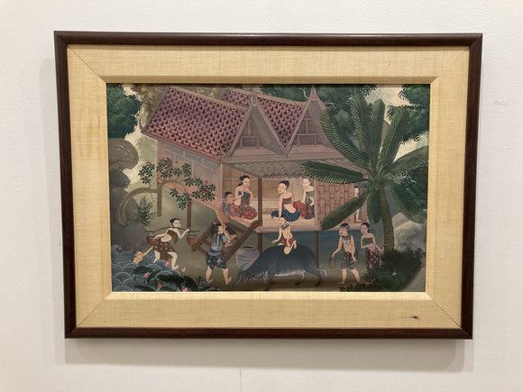 Vintage Framed 20th Century Thailand Folk Art Illustrated Painting