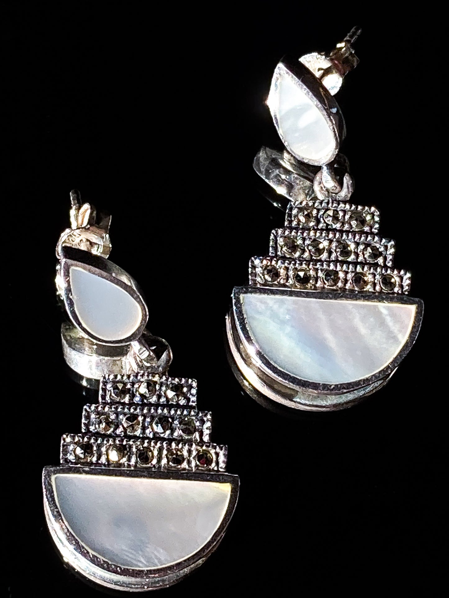 Art Deco Style Sterling Silver Marcasite Mother of Pearl Post Dangle Earrings