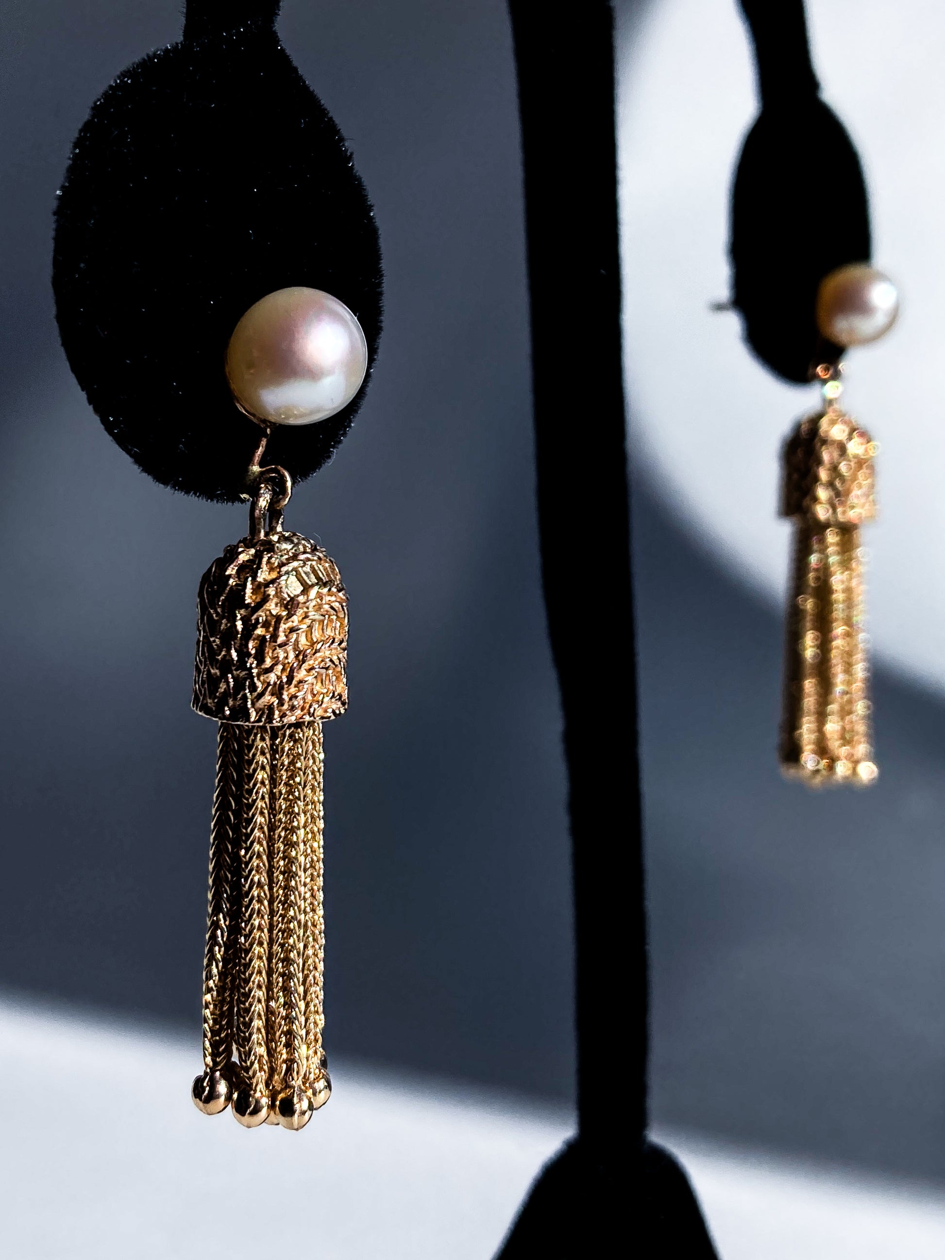 Vintage Italian 14K Yellow Gold Pearl Braided Tassel Dangle Post Earrings