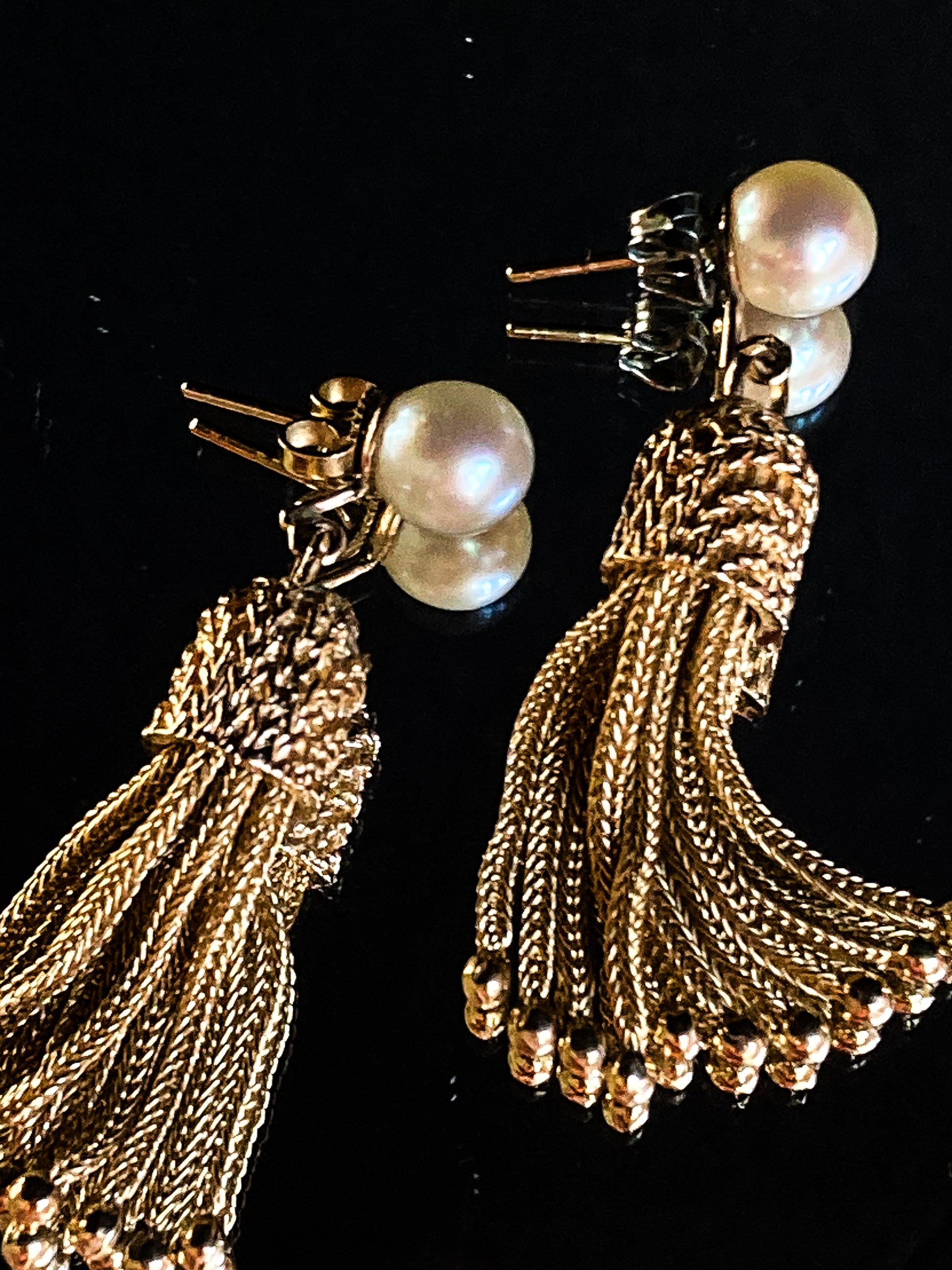 Vintage Italian 14K Yellow Gold Pearl Braided Tassel Dangle Post Earrings