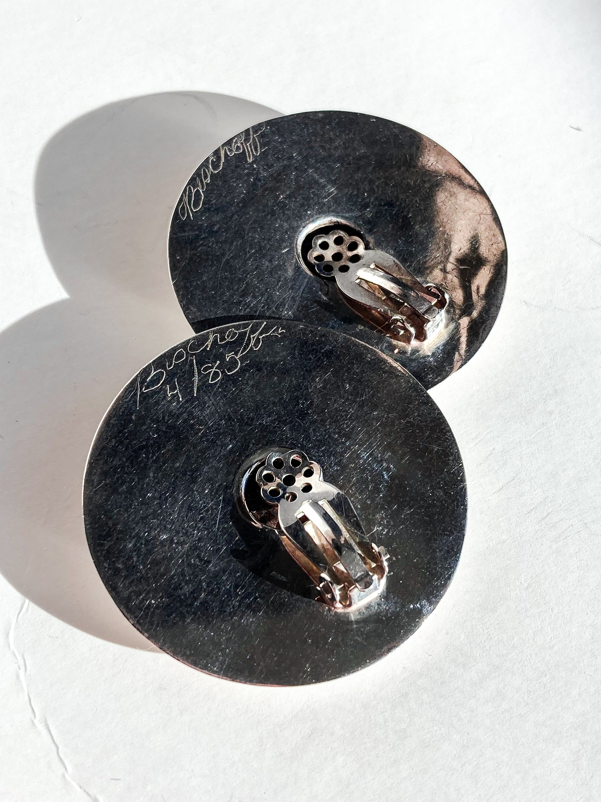 Vintage Bischoff Sterling Silver Copper Contrast Planet Disc Clip On Earrings