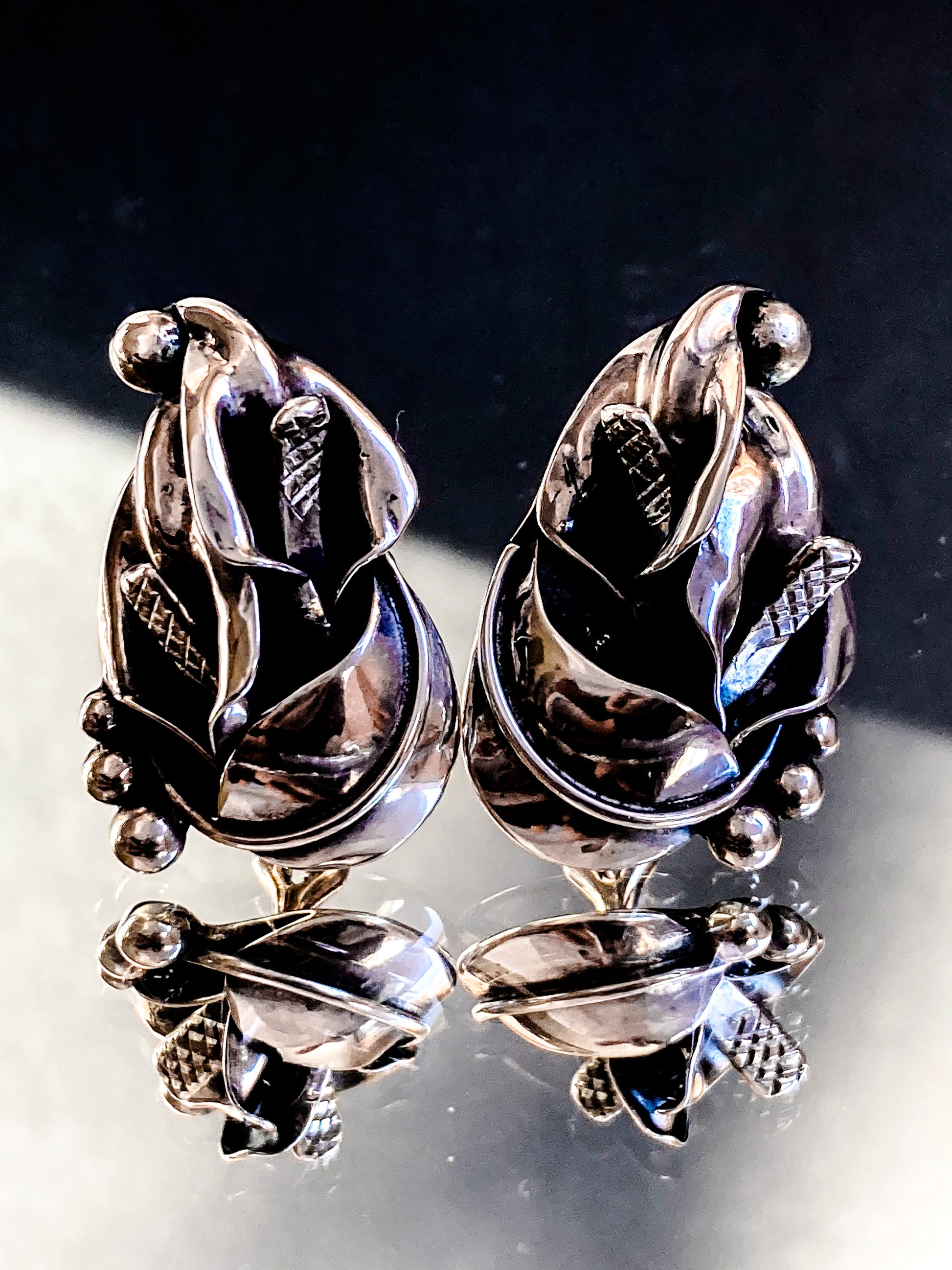 Vintage Danish Modern Style Sterling Silver Double Calla Lily Bouquet Post Earrings