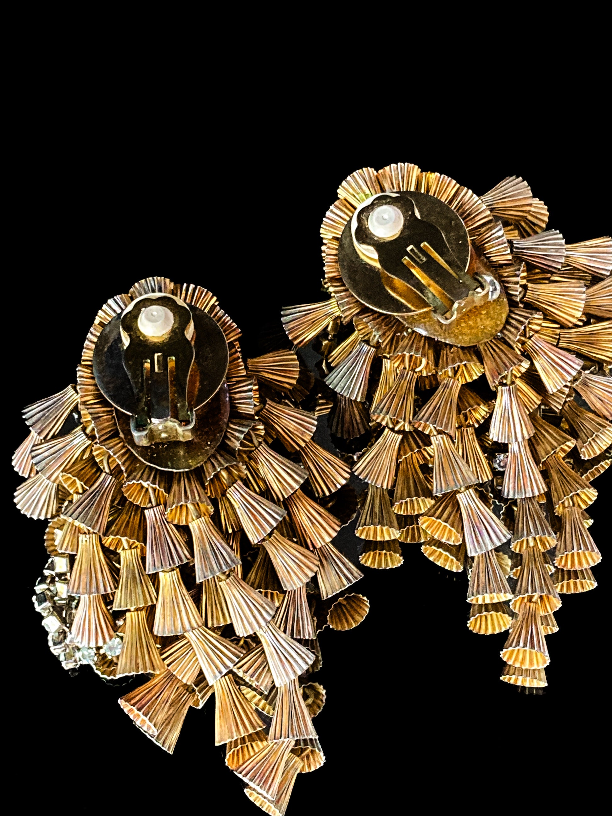 Groovy Vintage Textured Gold Rhinestone Tassel Clip On Statement Earrings