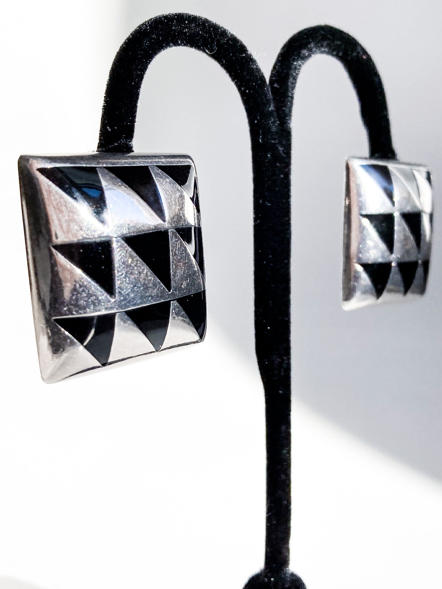 Vintage Abstract Contrast Black Sterling Silver Clip On Statement Earrings