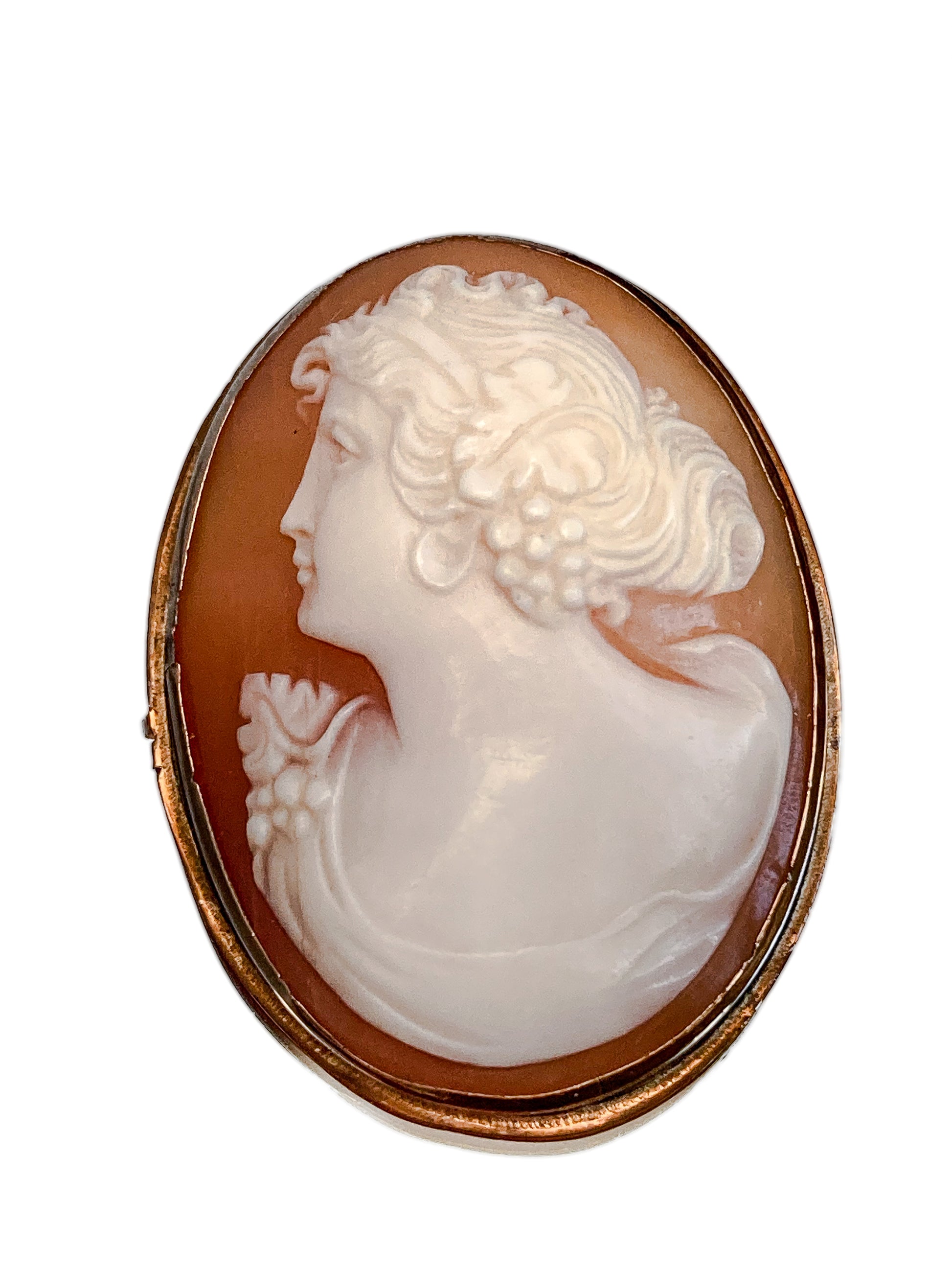 Antique Carved Shell Cameo 14K Gold Bezel Convertible Brooch Pin Pendant; Early 20th Century
