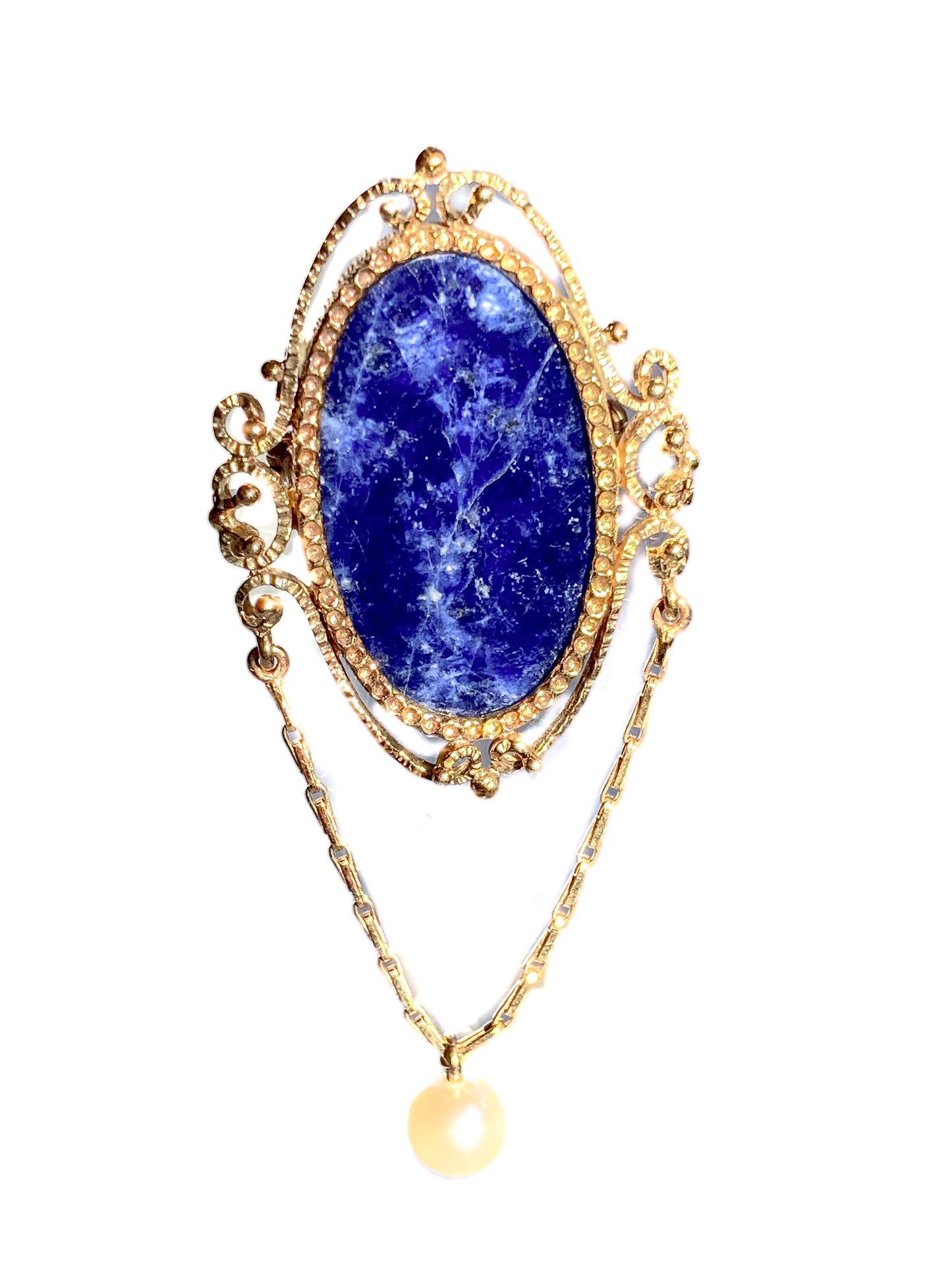 Vintage 14K Yellow Gold Filigree Oval Lapis Lazuli Pearl Dangle Brooch Pin