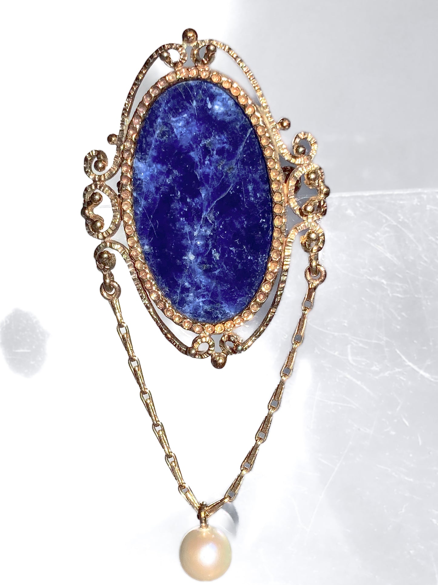 Vintage 14K Yellow Gold Filigree Oval Lapis Lazuli Pearl Dangle Brooch Pin