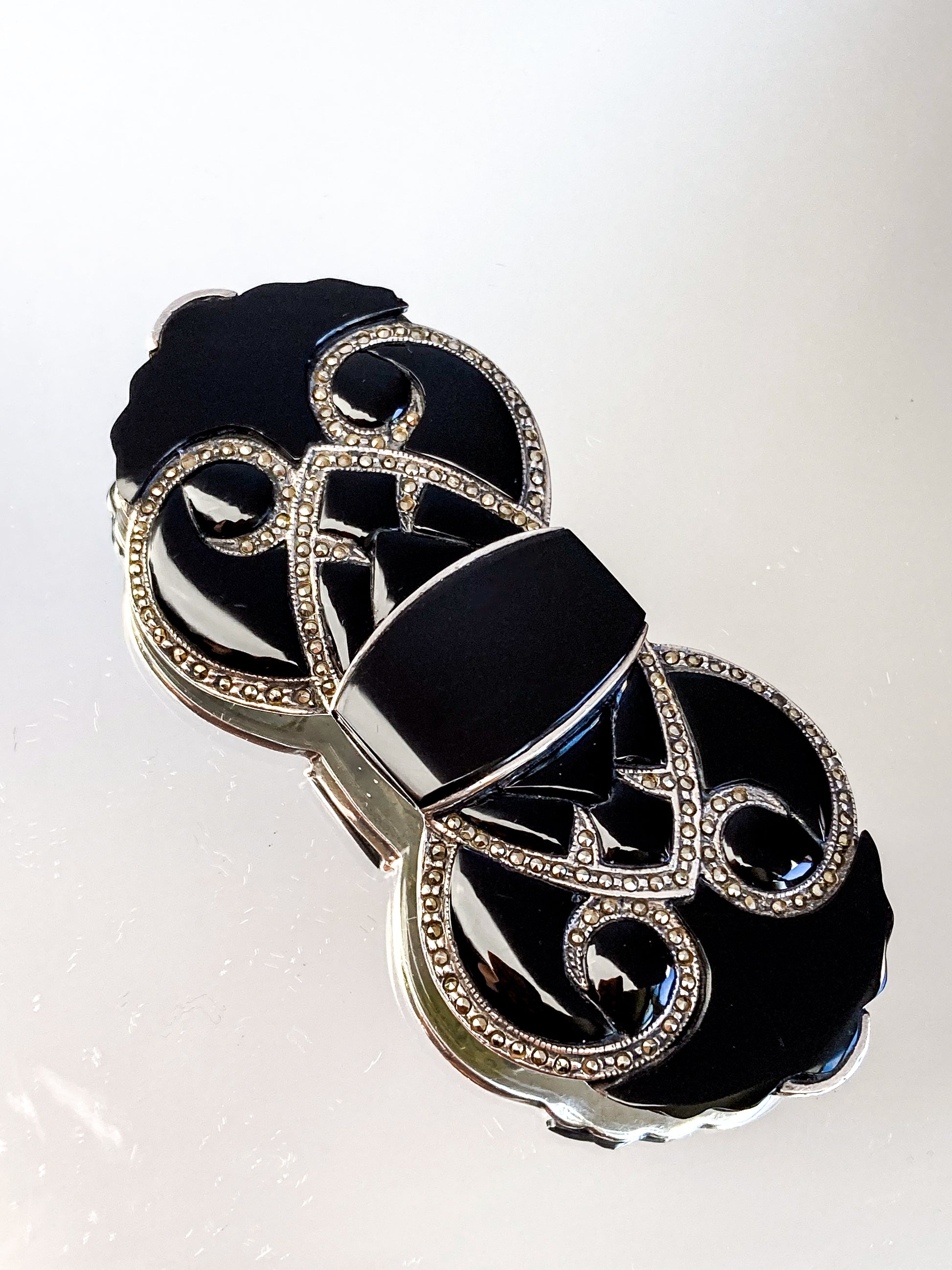 Vintage Art Deco Style Sterling Silver Marcasite Black Onyx Large Brooch Pin