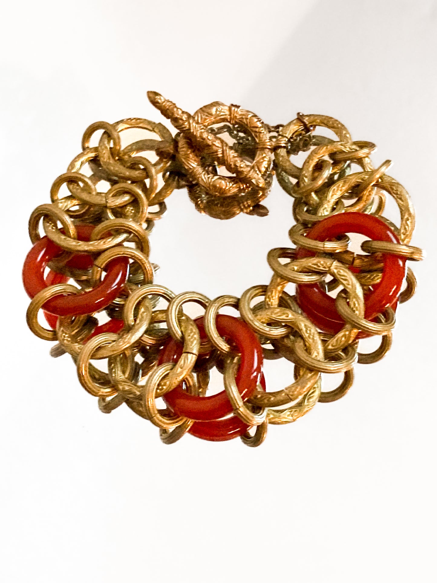 Vintage Gold Toned Circular Rust Red Lucite Stone Chain Link Bracelet Stephen Dweck