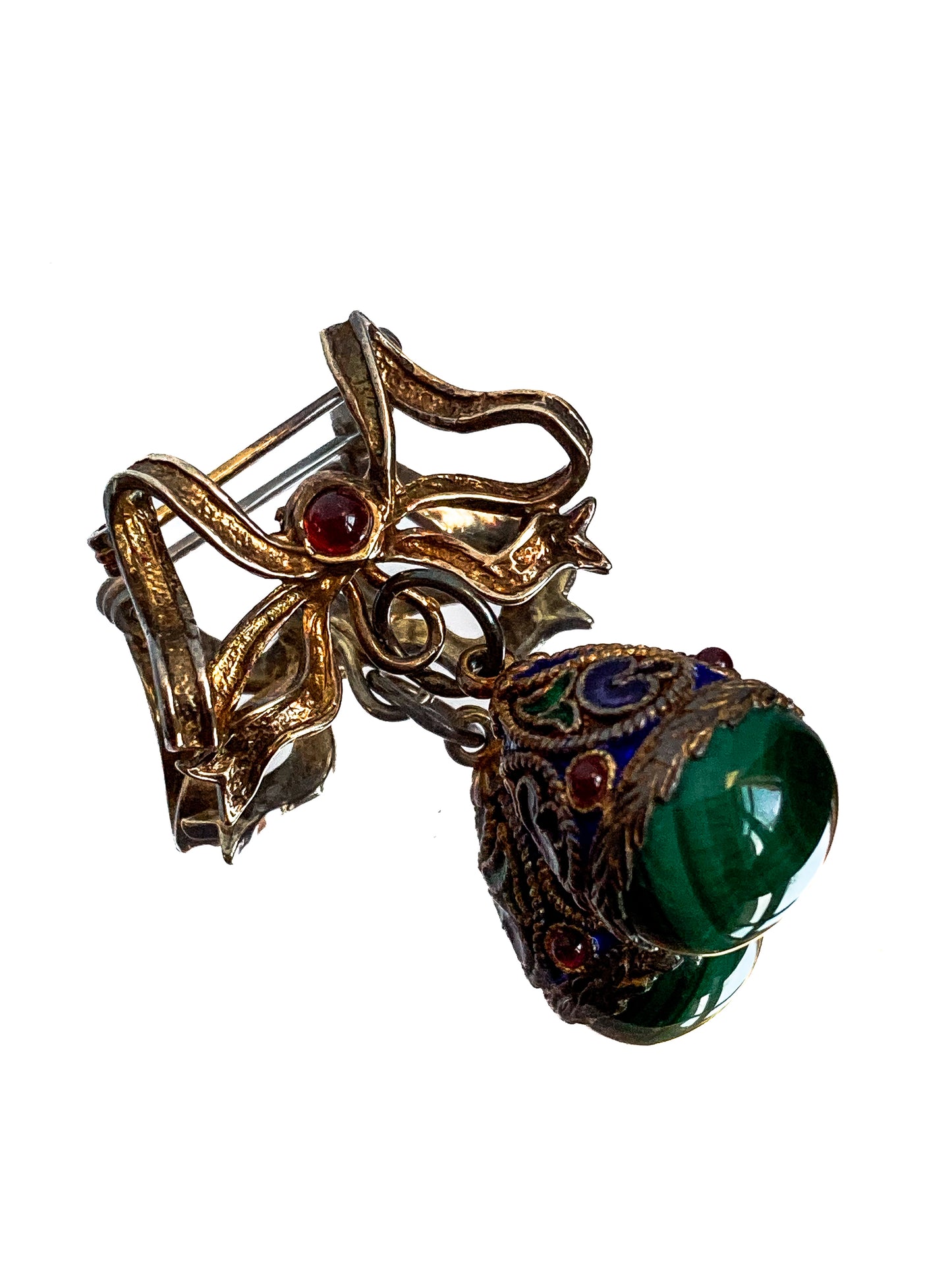 Edwardian Faberge Style Enameled Malachite Egg Drop Bow Watch Fob Brooch Pin
