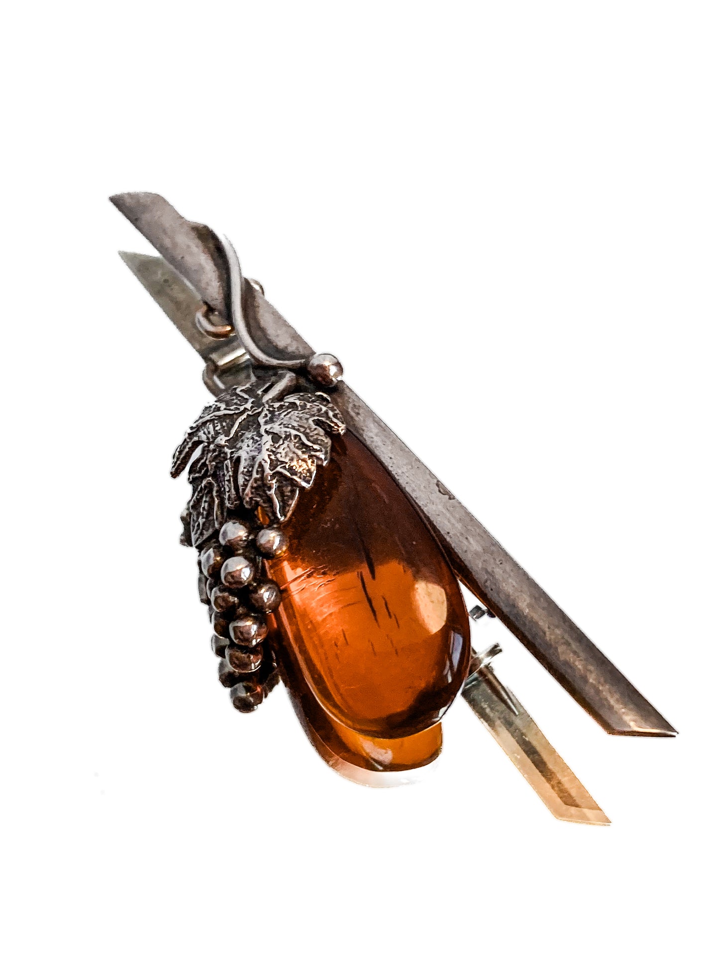 Vintage Sterling Silver Amber Drop Grapes Leaves Brooch Bar Pin