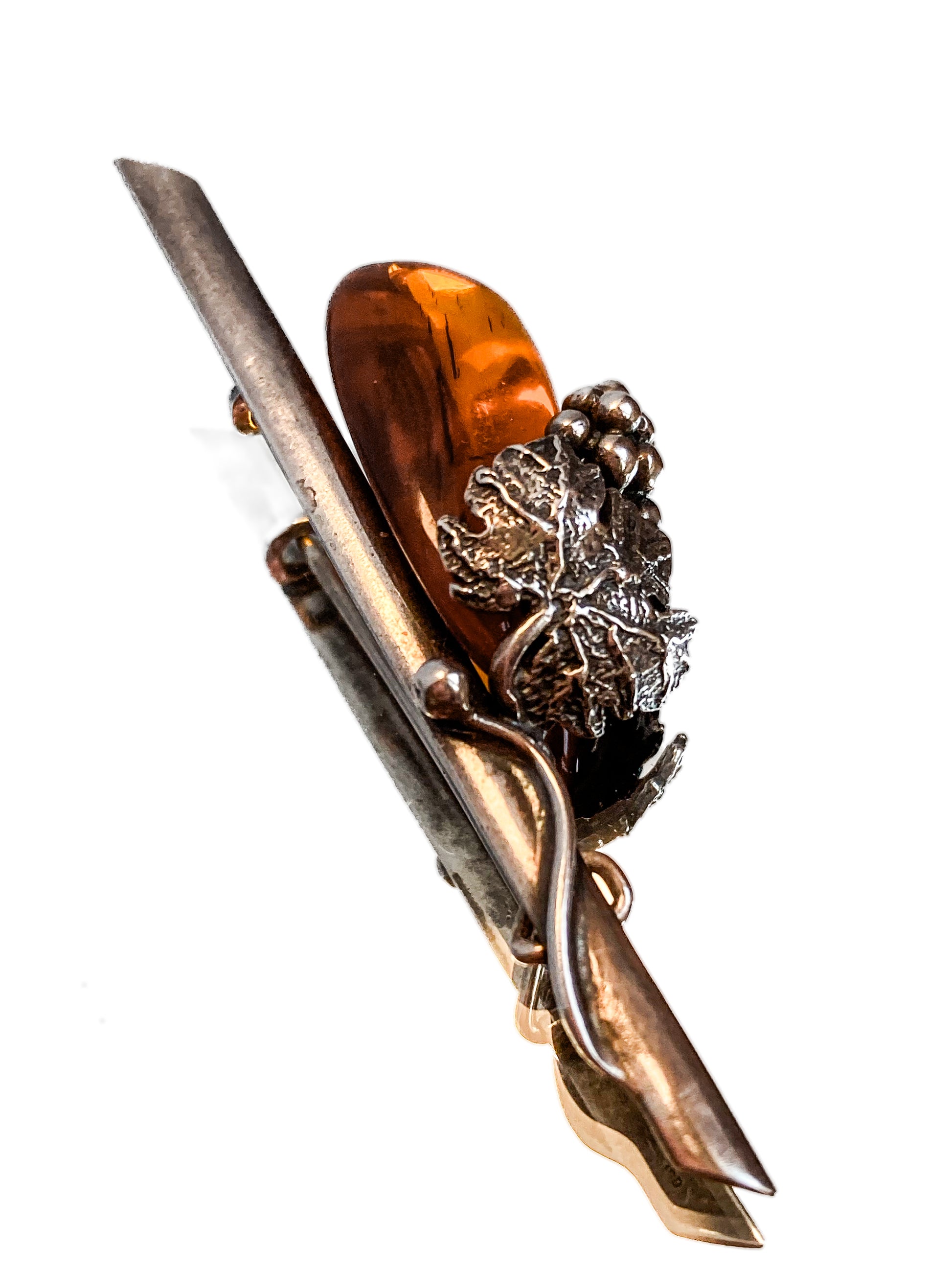 Vintage Sterling Silver Amber Drop Grapes Leaves Brooch Bar Pin