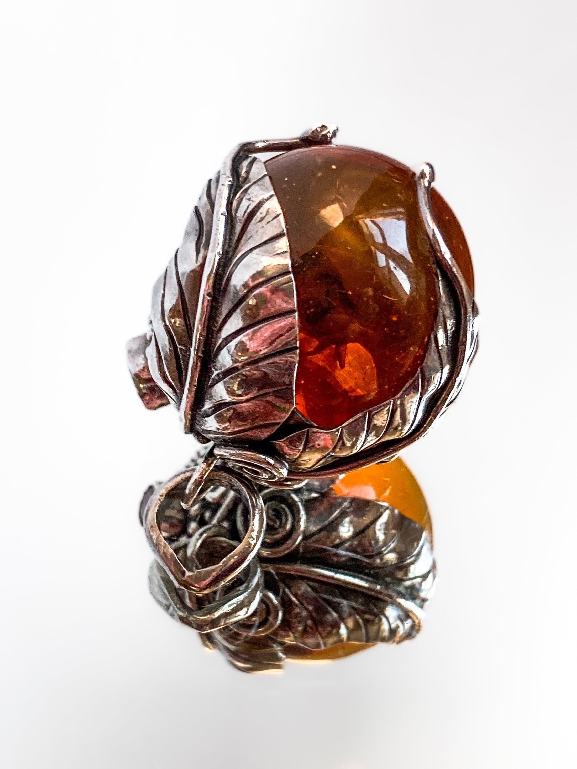Vintage Sterling Silver Swirl Leaves Amber Orb Quartz Round Pendant