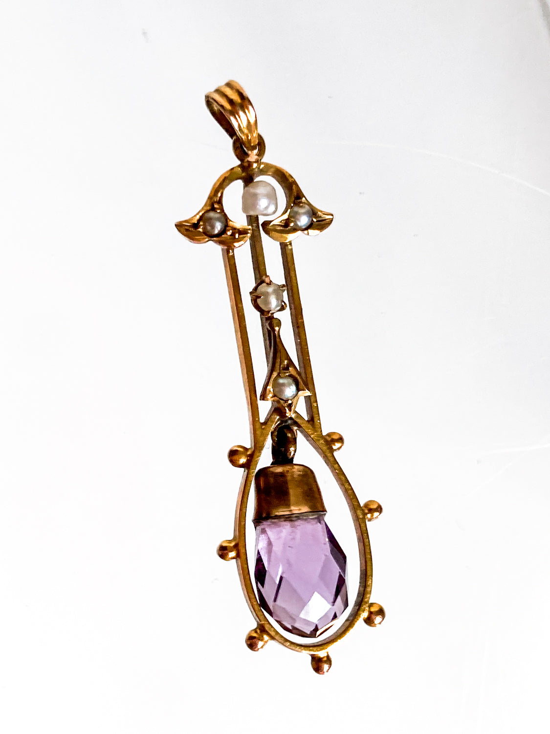 Antique Art Deco 10K Gold Faceted Amethyst Dangle Seed Pearl Pendant