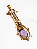 Antique Art Deco 10K Gold Faceted Amethyst Dangle Seed Pearl Pendant