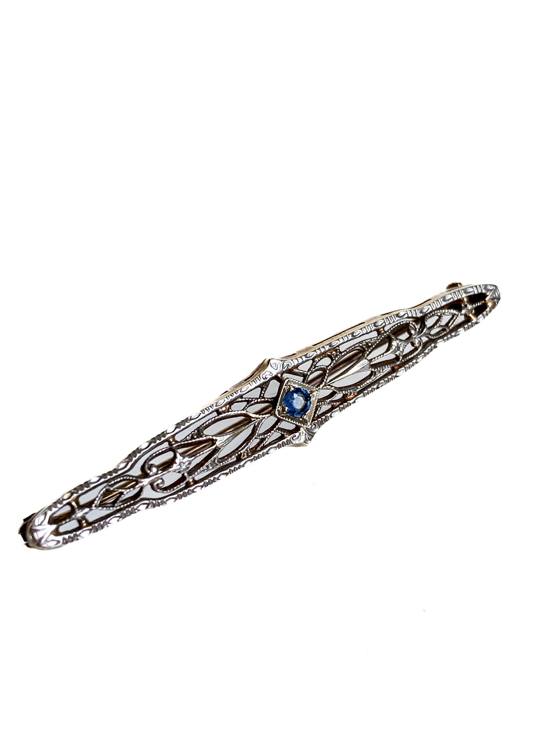 Antique Art Deco 14K Yellow Gold Blue Gemstone Filigree Bar Pin Brooch