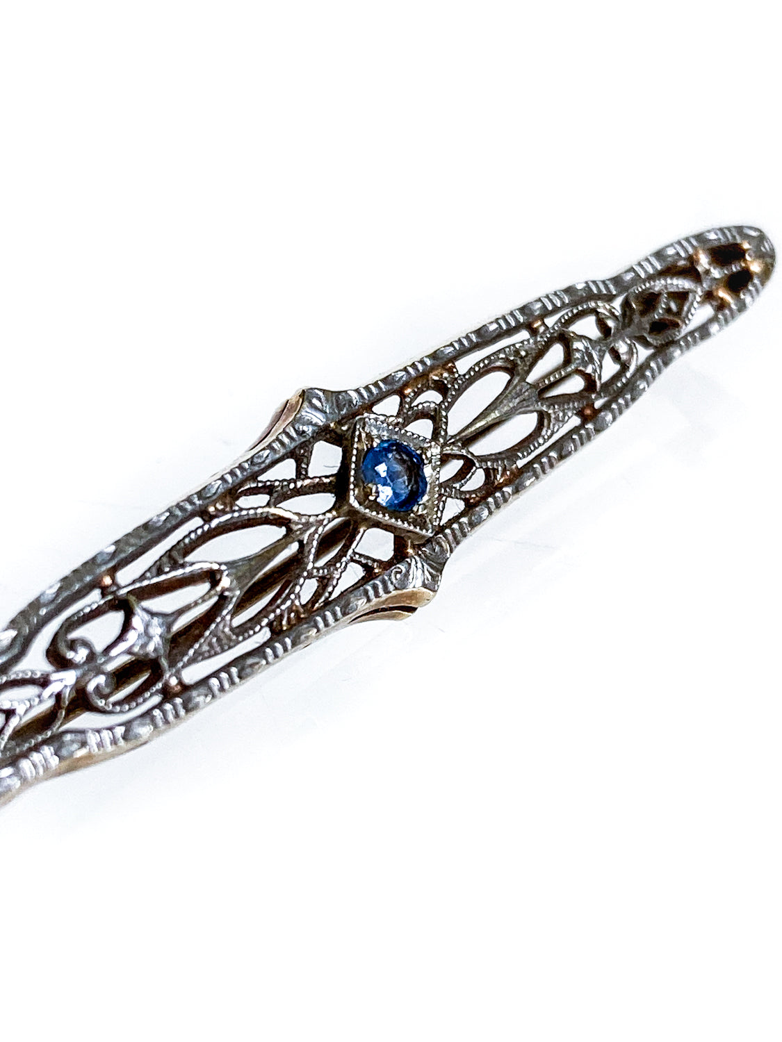 Antique Art Deco 14K Yellow Gold Blue Gemstone Filigree Bar Pin Brooch