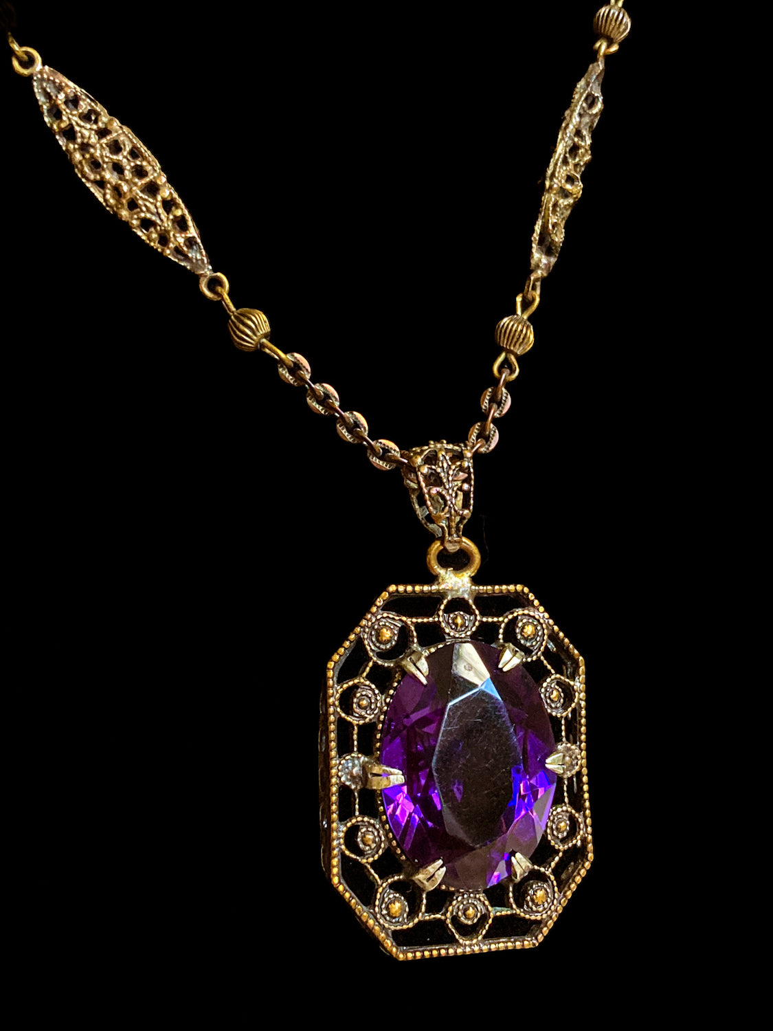 Antique Art Deco Purple Faux Amethyst Filigree Pendant Necklace